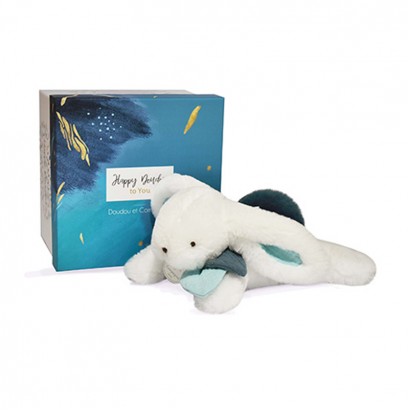 Doudou jucarie moale pentru bebelusi Iepure cu pompon albastru 25cm
