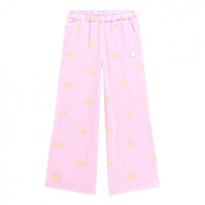 Pantaloni copii Guess cu picior larg si broderie pentru fata