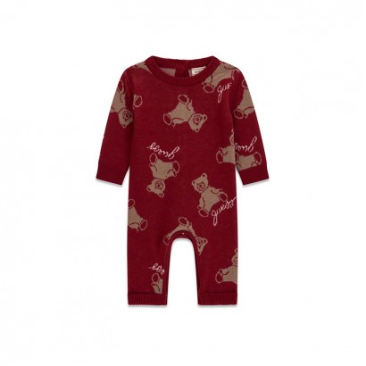Salopeta tricot bebe Guess unisex cu ursuleti si logo