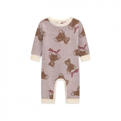 Salopeta tricot bebe Guess unisex cu ursuleti si logo
