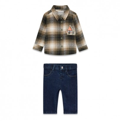Set copii Guess pentru baiat cu camasa in carouri si pantaloni denim