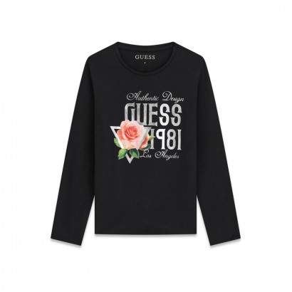 Bluza copii Guess pentru fata cu maneca lunga cu logo si trandafir