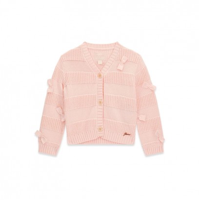 Cardigan tricotat copii Guess pentru fata cu fundite si logo metalic