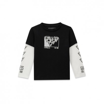 Bluza copii Guess pentru baiat cu print de efect si maneci contrastante