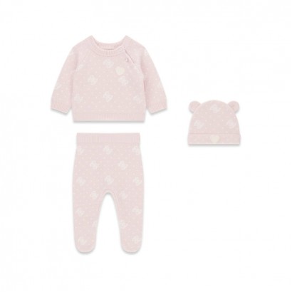 Set tricotat bebe Guess pentru fetita din 3 piese cu print si caciula