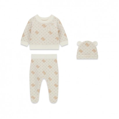 Set tricotat bebe Guess pentru fetita din 3 piese cu print si caciula