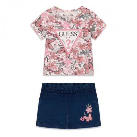 Set bebe Guess pentru fetita cu tricou floral si fusta