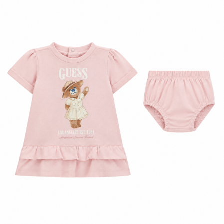Set bebe Guess pentru fetita rochita cu ursulet si chilotei