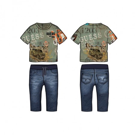 Set bebe Guess pentru baiat tricou cu imprimeuri si pantaloni denim