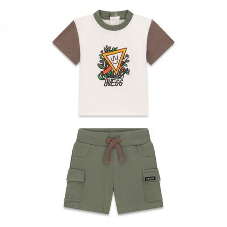 Set bebe Guess pentru baiat tricou cu imprimeu si pantaloni scurti 