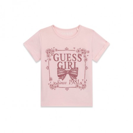 Tricou asimetric copii Guess pentru fata cu logo si inscriptie