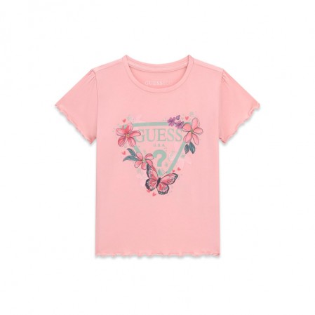 Tricou copii Guess pentru fata cu logo cu elemente florale si fluturi