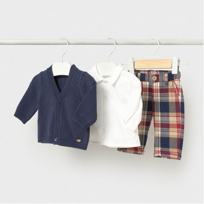 Set bebe Mayoral pentru baiat 3p cu pantaloni camasa si cardigan